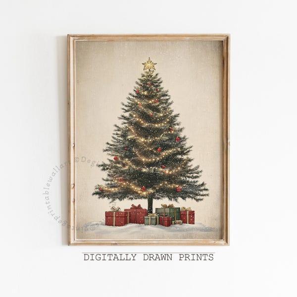 Neutral Printable Christmas Tree Wall Art, Winter Print, Vintage Christmas Tree Print, Rustic Farmhouse Christmas Decor, Digital Download