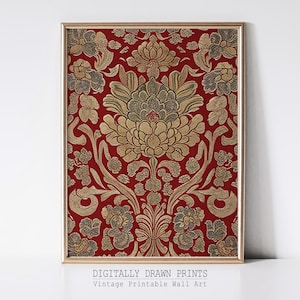 Vintage Textile Art, Botanical Toile Tapestry, Vintage Rug Neutral Textile,  Antique Art, Digital Download