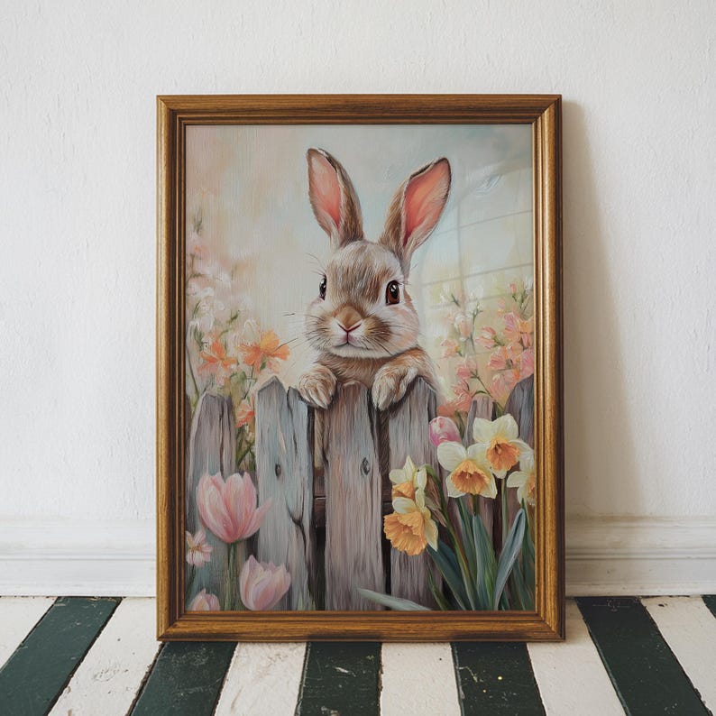 Printable Easter Bunny Wall Art, Spring Nursery Print With Flowers ...