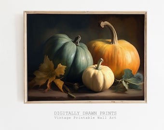 Naturaleza muerta con estampado de calabaza, decoración de otoño, arte de pared de calabaza de Halloween, pintura de calabaza, arte de pared de otoño, impresión rústica de otoño, descarga digital de arte