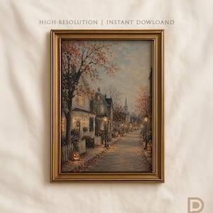 May include: A framed wall art print featuring a street scene with houses, trees with autumn leaves, street lamps, and jack-o'-lanterns. The text HIGH-RESOLUTION | INSTANT DOWLOAND is visible at the top, and the letter D is in the bottom right corner.