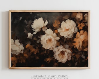 Puede incluir: Una impresión de arte digital que presenta un ramo de flores de estilo vintage con rosas blancas y crema sobre un fondo oscuro. La impresión está enmarcada en un marco de madera claro.