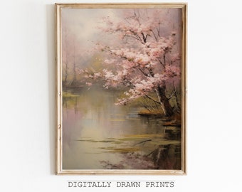 Moody Printable Wall Art, Neutral Spring Landscape Oil Painting, Cottagecore Wall Art Decor, Vintage Forest Oil Painting, Digital Download