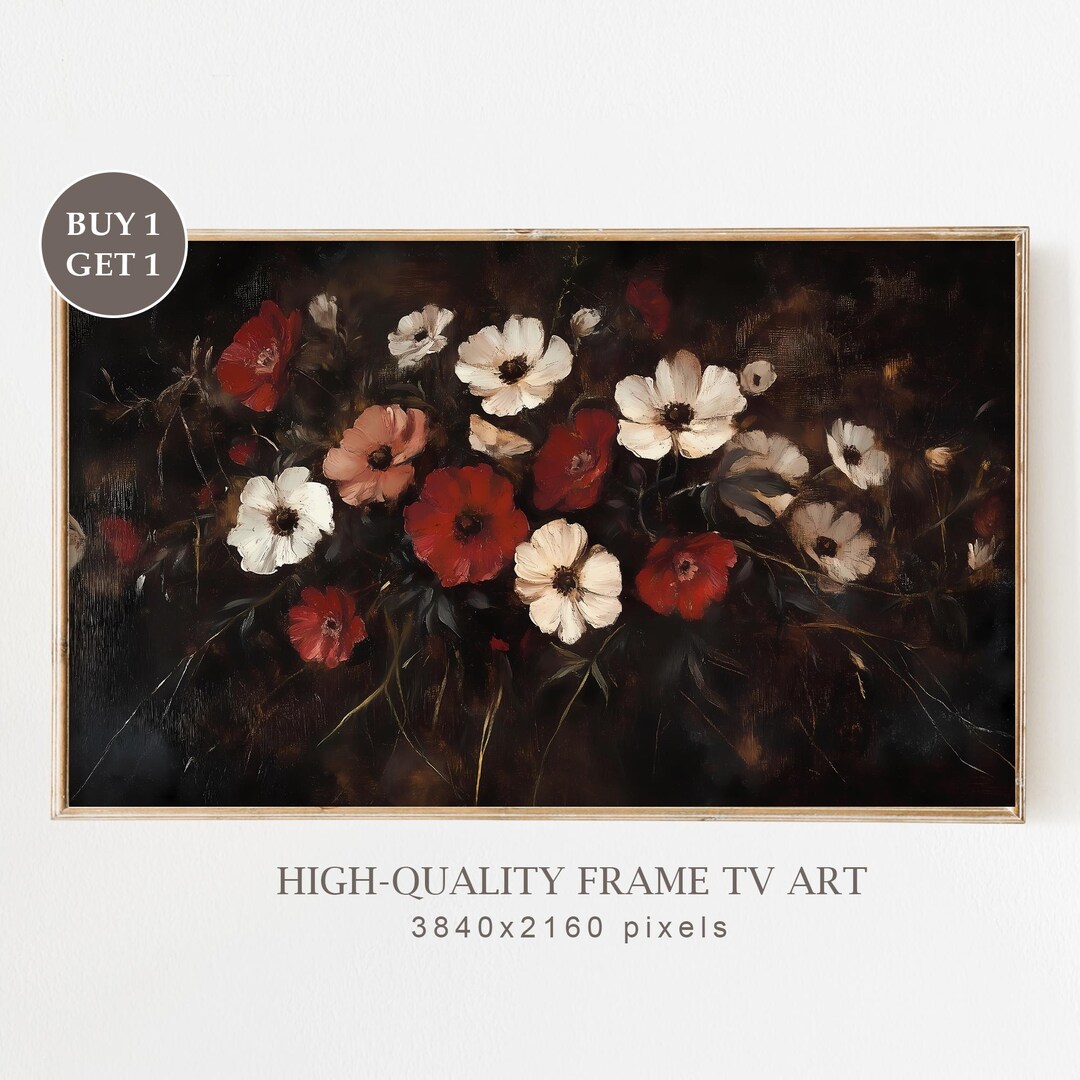 Antique Dark Wildflowers Frame TV Art, Vintage Floral Painting