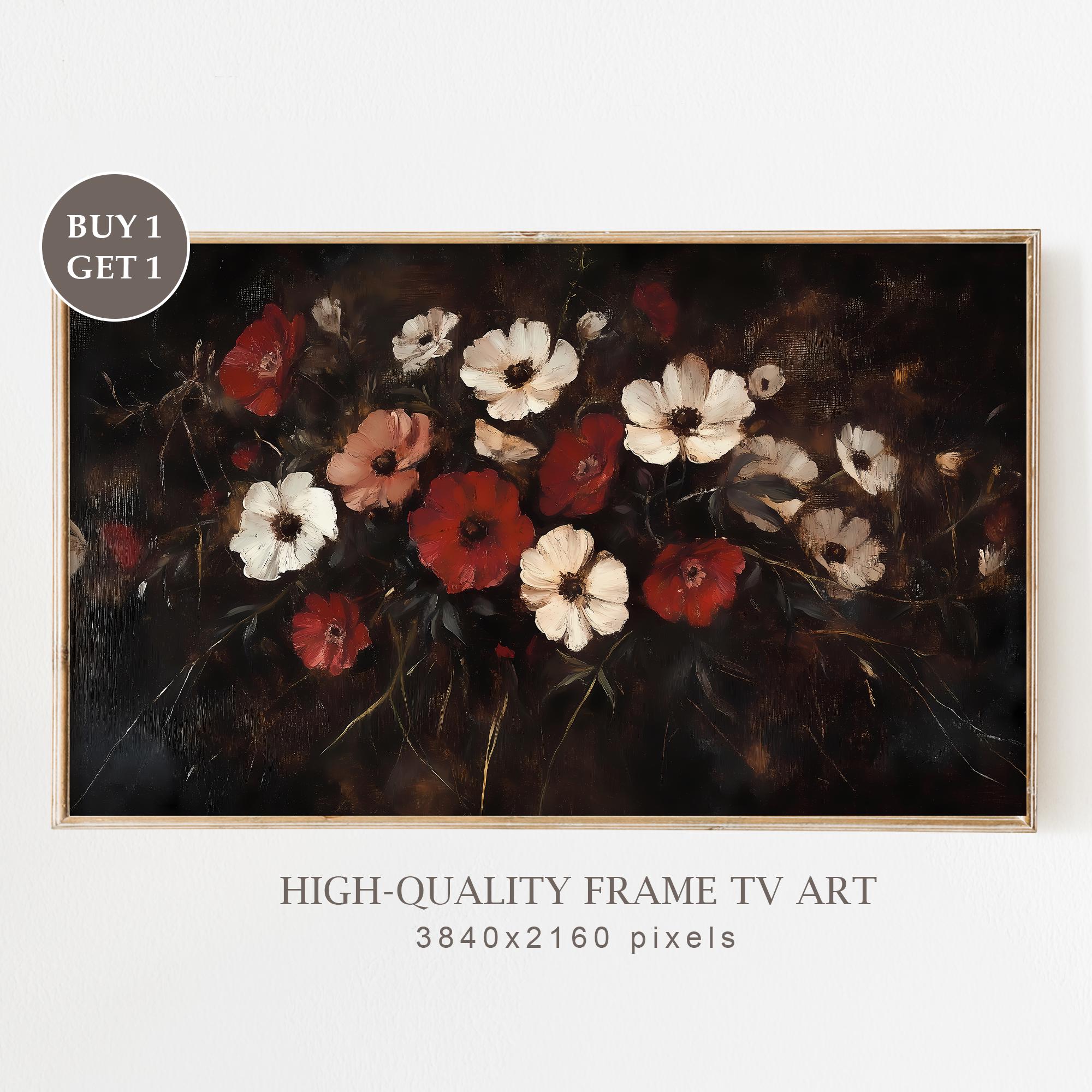 Antique Dark Wildflowers Frame TV Art, Vintage Floral Painting