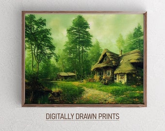 Rustic Cottage Forest Oil Painting, Vintage Moody Wall Art, Art Digital Download