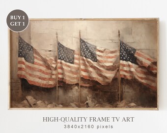 4th of July American Flag Frame TV Art, 4th of July Rustic Patriotic Oil Painting, Cottagecore Independence Day Home Decor, Digital Download
