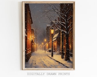 Printable Christmas Wall Art, Vintage Winter City Print, Seasonal Christmas Decor, Farmhouse Wall Art, Digital Download