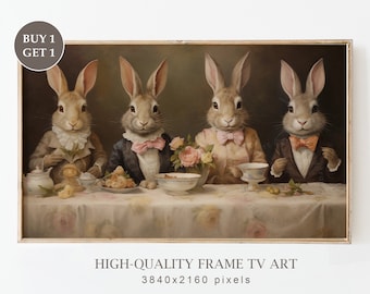 May include: Four rabbits dressed in formal attire sit at a table with teacups and a plate of pastries. The rabbits are wearing bow ties and have a bouquet of pink roses in the center of the table. The painting is framed in a light wood frame.