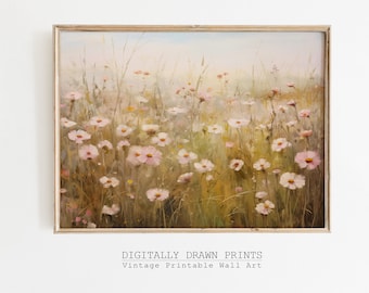 Vintage Printable Wildflower Field Landscape Oil Painting, Pink Spring Print, Farmhouse Print, Neutral Wall Art, Spring Art Digital Download