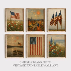 Printable Set Of 6 Neutral 4th Of July Wall Art, Vintage Patriotic Prints, Independence Day Gallery Wall Art, Americana Home Decor