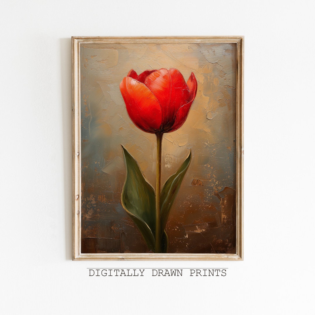 Vintage Tulip Printable Wall Art, Red Tulip Antique Oil Painting ...