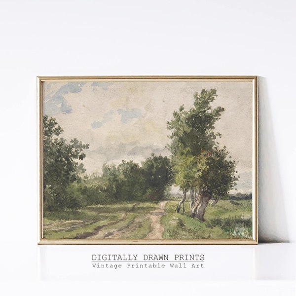 Engelse landschapsschilderkunst, vintage landschapsprint, antieke Europese kunst, rustieke print, weidebomen, digitale download AFDRUKBAAR