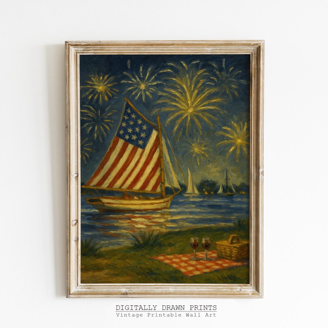 Vintage 4th of July Fireworks Sailboat Printable, USA Patriotic Wall ...