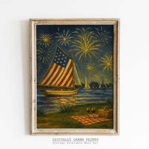 Vintage 4th Of July Fireworks Sailboat Printable, USA Patriotic Wall Art, Independence Day Digital Download, Americana Nautical Summer Decor