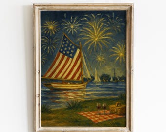Vintage 4 juillet feux d'artifice voilier imprimable, art mural patriotique USA, téléchargement numérique jour de l'indépendance, décoration d'été nautique americana