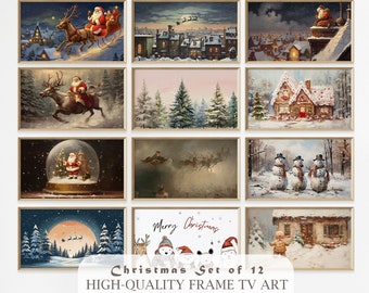 Puede incluir: Un conjunto de 12 impresiones digitales de arte con diferentes escenas de invierno, incluyendo Santa Claus, muñecos de nieve y una cabaña acogedora. Las impresiones están enmarcadas y listas para ser exhibidas en tu hogar.