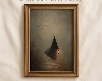 Moody Halloween Witch Printable Wall Art, Dark Academia Fall Print Digital Download, Vintage Painting for Halloween Home Decor