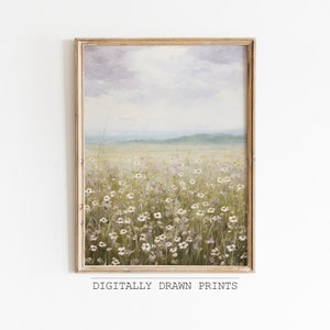 Spring Printable Wildflower Field Landscape Oil Painting, Spring Print, Vintage Farmhouse Print, Neutral Spring Wall Art, Digital Download