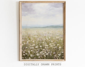 Spring Printable Wildflower Field Landscape Oil Painting, Spring Print, Vintage Farmhouse Print, Neutral Spring Wall Art, Digital Download