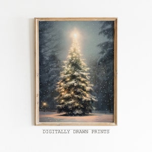 Christmas Tree Oil Painting, Vintage Christmas Decor, Christmas Printable Wall Art, Muted Neutral Rustic Decor, Christmas Gift Idea