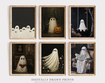 Set van 6 afdrukbare muurkunst Halloween-spook, donkere vintage spookschilderijen digitale download, leuk griezelig seizoensdecor voor Halloween