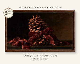 Christmas Frame TV Art: Vintage Pinecone with Burgundy Bow Painting (Digital Download)