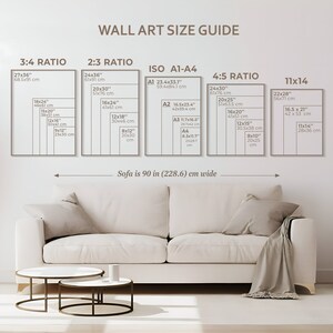 May include: Wall art size guide with dimensions in inches and centimeters. Displays various aspect ratios: 3:4, 2:3, ISO A1-A4, 4:5, and 11x14. A white sofa, 90 inches (228.6 cm) wide, is shown below the guide, with two round coffee tables.