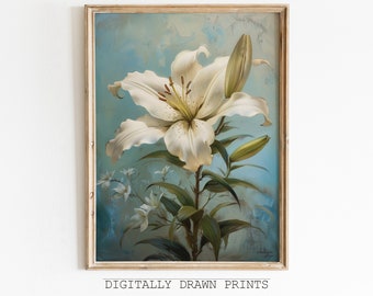 Vintage Printable Wall Art, White Lily Antique Oil Painting, Flowers Meadow, Muted Tone Print, Country Oil Painting, Digital Download