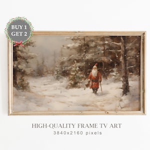 Vintage Christmas Samsung Frame TV Art, Snowy Landscape with Santa Claus Art for TV, Farmhouse Painting, Christmas Holiday Decor, TV Art