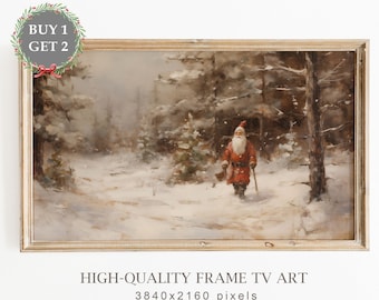 Vintage Christmas Samsung Frame TV Art, Snowy Landscape with Santa Claus Art for TV, Farmhouse Painting, Christmas Holiday Decor, TV Art