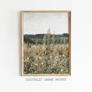 Spring Printable Wildflower Field Landscape Painting, Spring Print Vintage Farmhouse Printable Neutral Wall Art Spring Art Digital Download