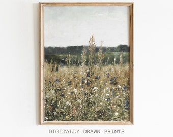 Spring Printable Wildflower Field Landscape Painting, Spring Print Vintage Farmhouse Printable Neutral Wall Art Spring Art Digital Download