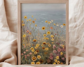 Printable Coastal Wildflowers Oil Painting, Muted Summer Floral Wall Art Print, Ocean Landscape, Cottagecore Decor, Pastel Toned Coastal Art