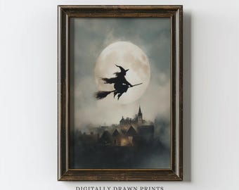 Witch Flying Over Moon Halloween Wall Art, Vintage Witch Printable Wall Art, Dark Spooky Fall Decor, Gothic Witch Painting Digital Download