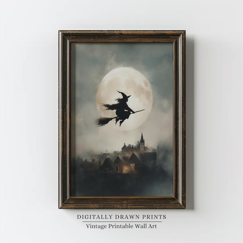 Witch Flying Over Moon Halloween Wall Art, Vintage Witch Printable Wall ...