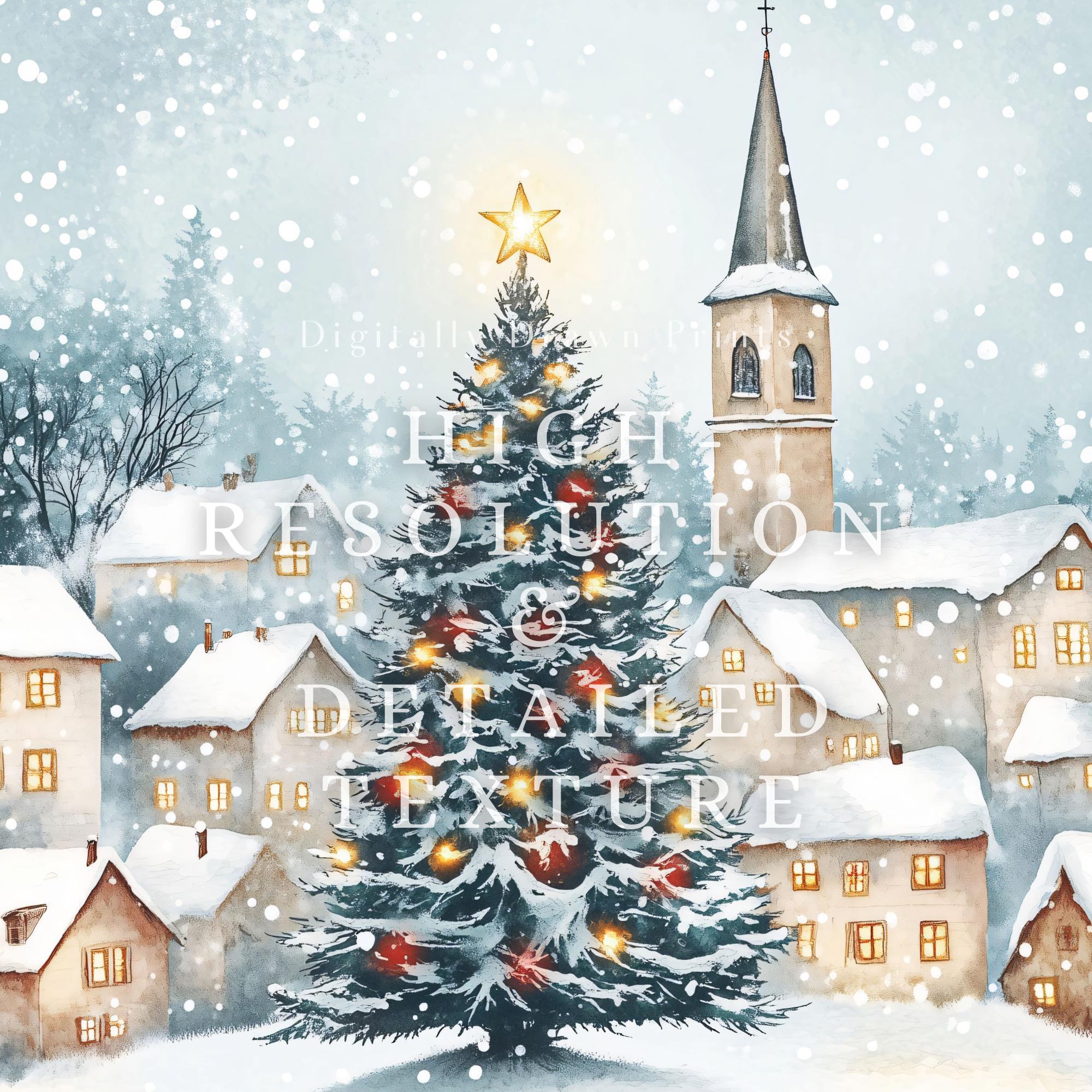 vintage christmas village printable wall art, snowy holiday scene digital download, winter church landscape print, festive home decor