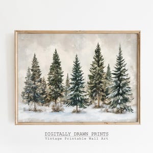Winter Christmas Trees Landscape Print, Christmas Printable Wall Art, Farmhouse Christmas, Neutral Snowy Painting, Holiday Evergreen Art