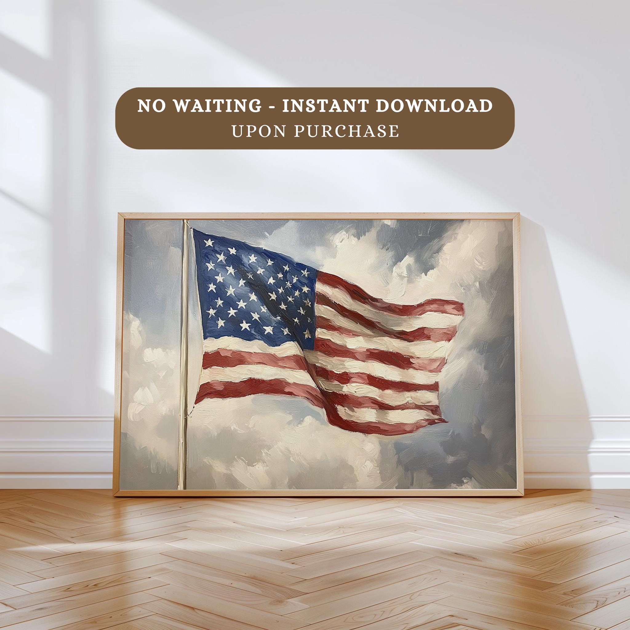 Vintage 4th of July Printable Wall Art Print, Muted American Flag Oil ...