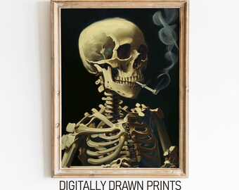 Moody Skull of a Skeleton with Burning Cigarette, Moody Dark Academia Print, Dark Wall Art, Skull Art Print, Gothic Wall Art