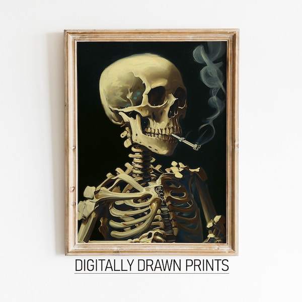 Moody Skull of a Skeleton with Burning Cigarette, Moody Dark Academia Print, Dark Wall Art, Skull Art Print, Gothic Wall Art