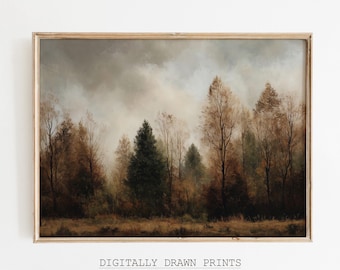 May include: A framed vintage print of a forest scene. The artwork features a muted color palette of browns, greens, and grays, depicting trees under a cloudy sky. The text at the bottom reads "DIGITALLY DRAWN PRINTS Vintage Printable Wall Art."
