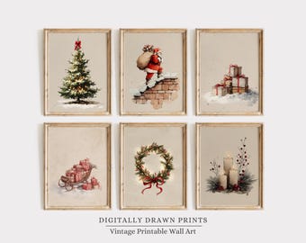 art mural vintage Noël imprimable, lot de 6 impressions Noël, ensemble mural hiver galerie, art mural Noël galerie, décoration des fêtes