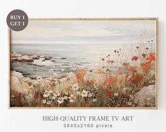 Neutral Coastal Summer Frame TV Art, Moody Vintage Coastal Wildflower Field Painting, Beach Art for TV, Farmhouse Decor, Digital Download