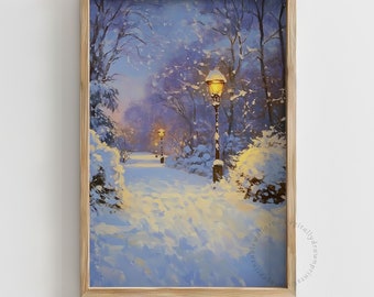 Moody Winter Landscape Oil Painting, Vintage Printable Christmas Wall Art, Seasonal Decor, Christmas Farmhouse Wall Art, Digital Download
