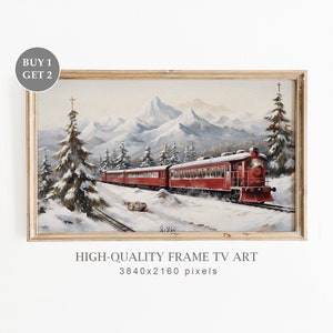 Vintage Christmas Samsung Frame TV Art, Christmas Train TV Art, Snowy Mountains, Christmas Farm House Painting, Digital Download