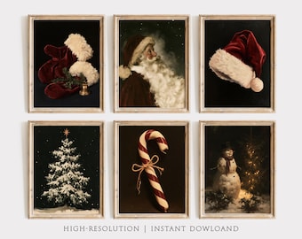 Vintage Christmas Wall Art Set of 6 Prints, Vintage Holiday Gallery Wall, Moody Santa Prints (Digital Download)