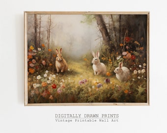 Humeurige paashazen afdrukbare muurkunst, paasboerderij decor print, lente konijn schilderij, vintage lente print, Instant Download