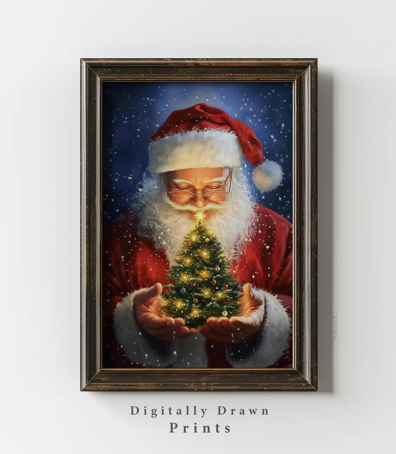 サンタとツリー　絵画 ヴィンテージ サンタクロースの印刷可能な壁アート、クリスマスツリー