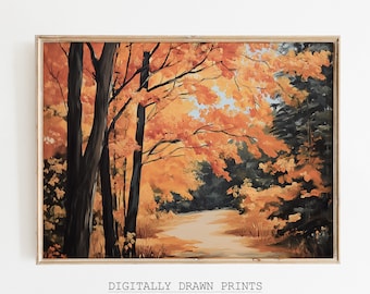 Vintage Autumn Forest Printable Wall Art, Fall Landscape Print, Autumn Farmhouse Print, Rustic Cottagecore Home Decor Digital Download